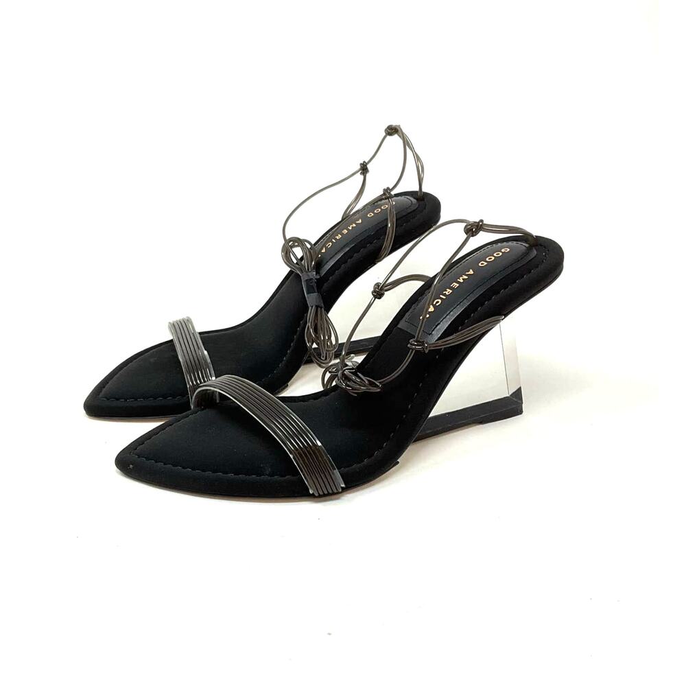 Good American Clear Wedge Slingback Sandals Size 6 Neoprene‎ Black GA080N-E